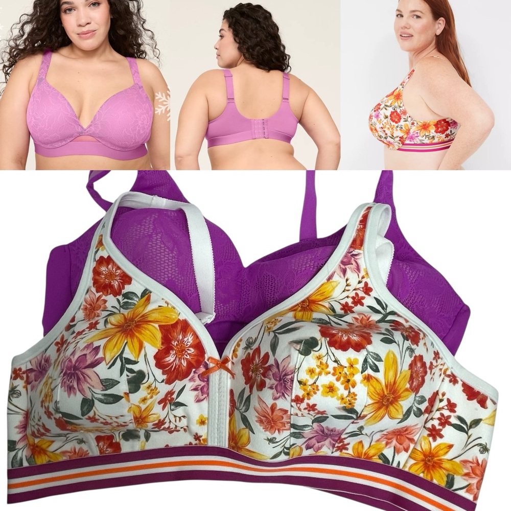 Lane Bryant Cacique Bliss Plunge Lace & Cotton Boost Plunge Floral Bras Sz 42C